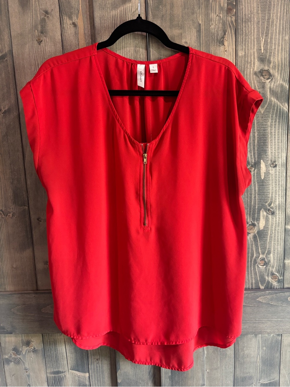 Tacera Bright Red Zip-Front Cap Sleeve Blouse